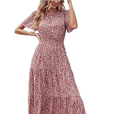 Women's Short Sleeve Round Neck Fold Elastic Waist Layered Long Dress Summer Bohemian Floral Horn Sun Dress