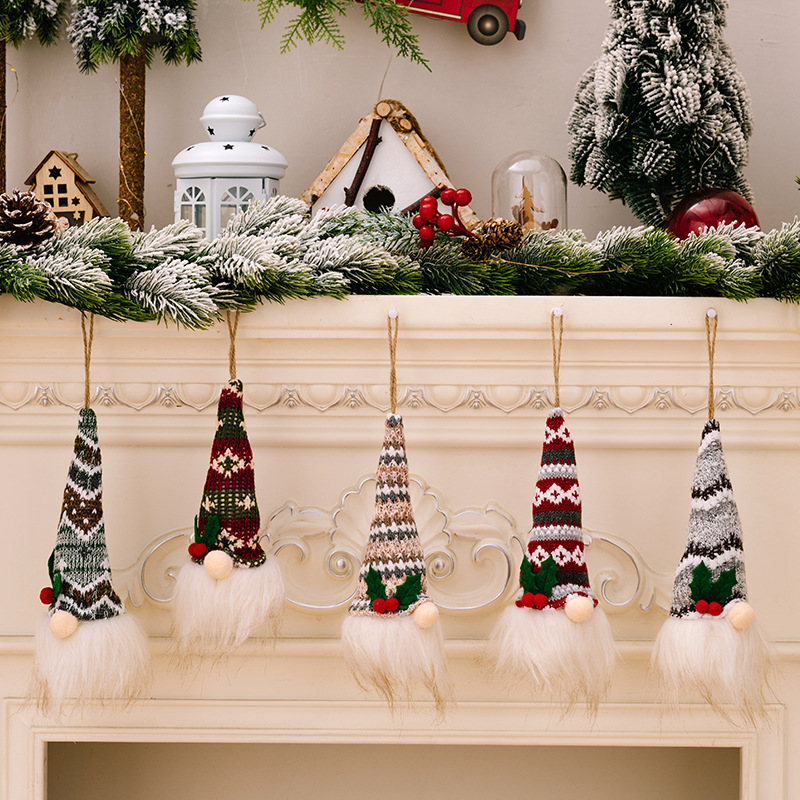 Christmas knitted hat with light faceless doll pendant atmosphere layout luminous old man little doll tree pendant_voghion.com
