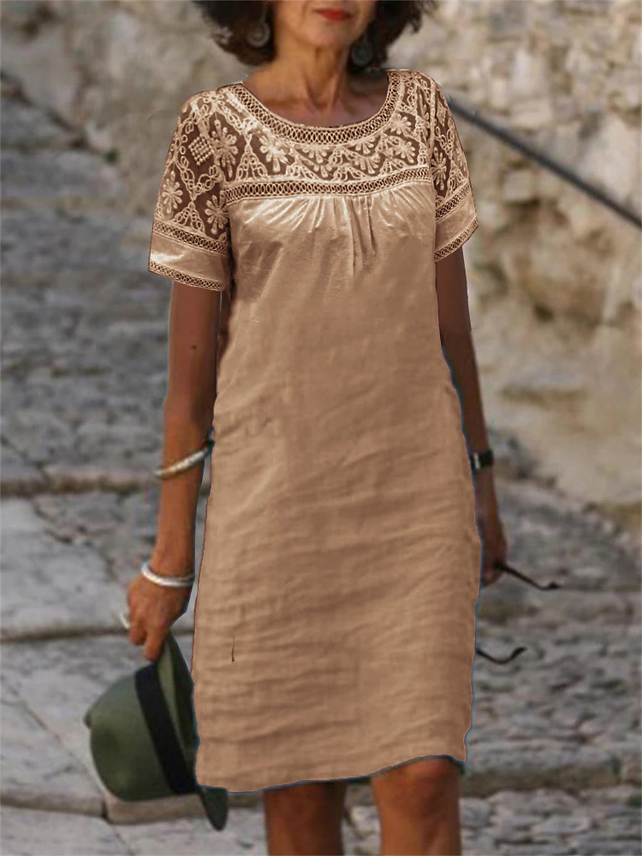 2023 Amazon independent station spring and summer new casual lace stitching round neck cotton linen solid color short sleeve dress