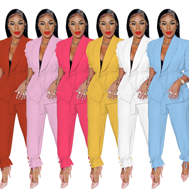 211276 Spring and Autumn new European and American solid color lace-up long-sleeved small suit top fashion casual ankle-tied pants suit