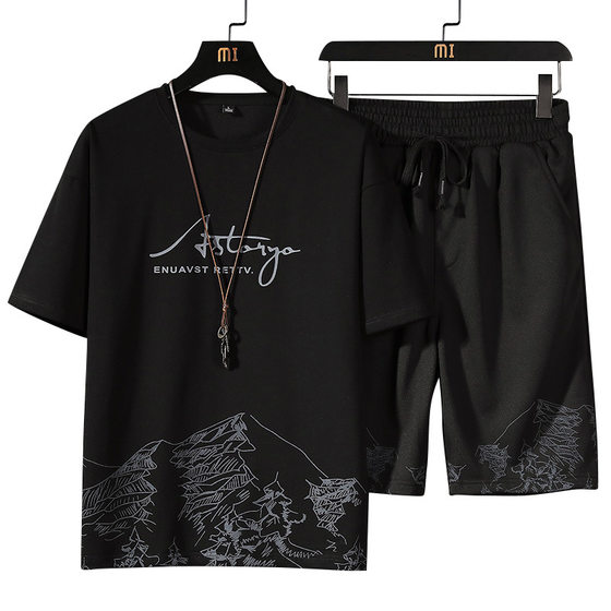 Short-sleeved T-shirt Set Men's Summer New Arrival Snow Mountain Print Fashion Korean Style Slim-fit Large Size Sports Two-piece Set
