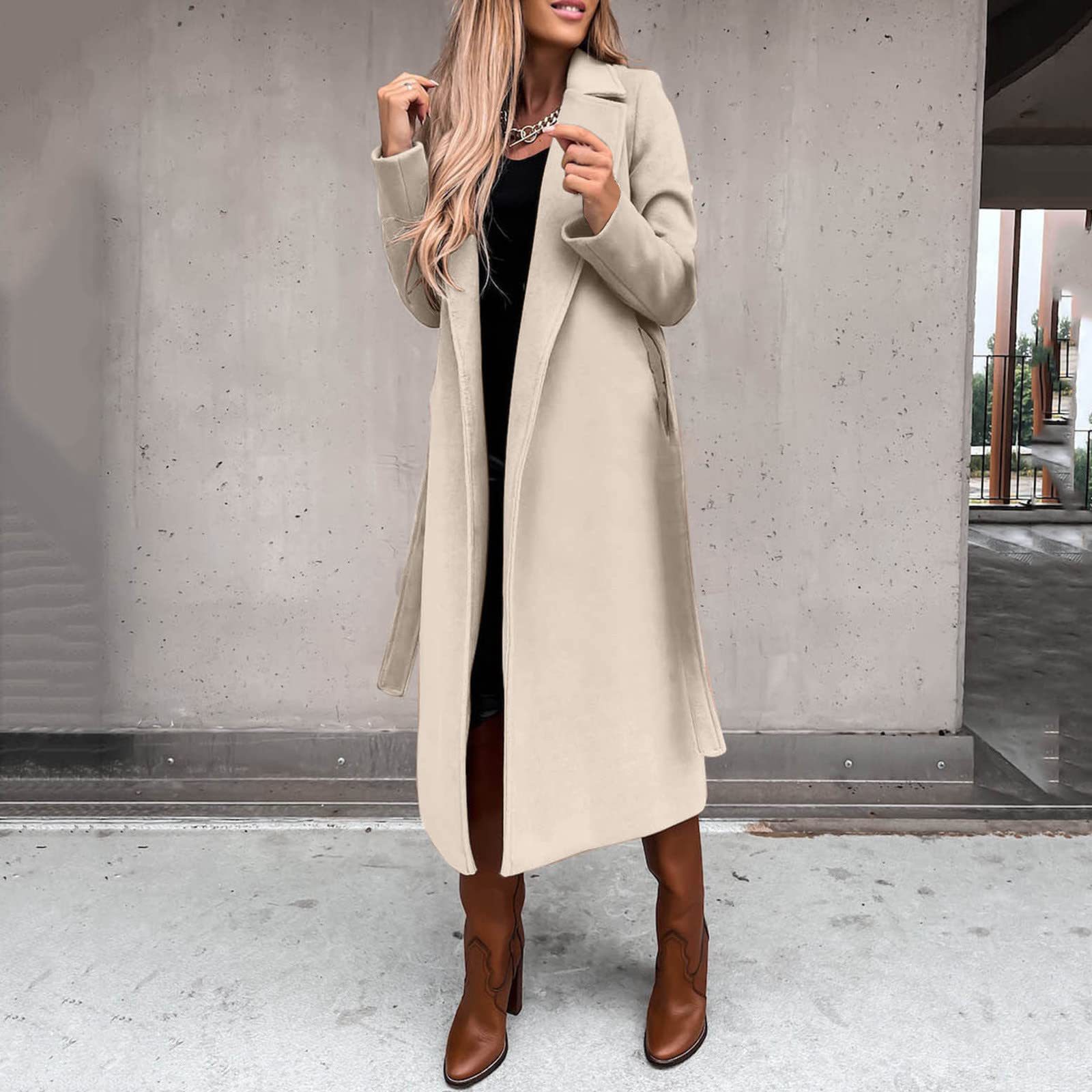 2023 cross-border Amazon European and American autumn and winter women's clothing solid color lapel long sleeve woolen coat simple bandage windbreaker