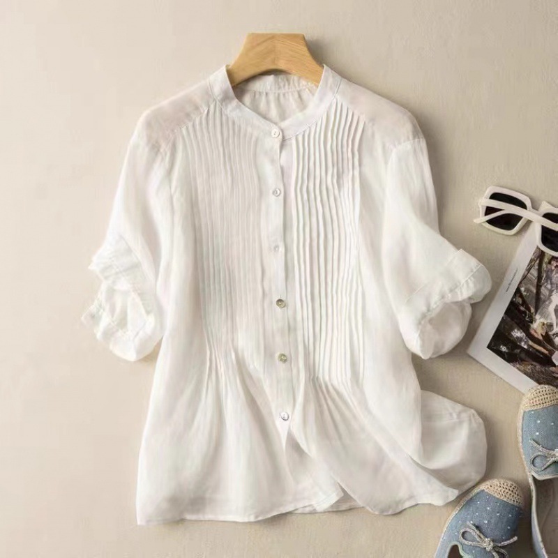 2023 Summer New Arrival Middle-Aged Fashionable Retro Thin Linen Top Women's Thin Cotton and Linen Short-Sleeved Shirt