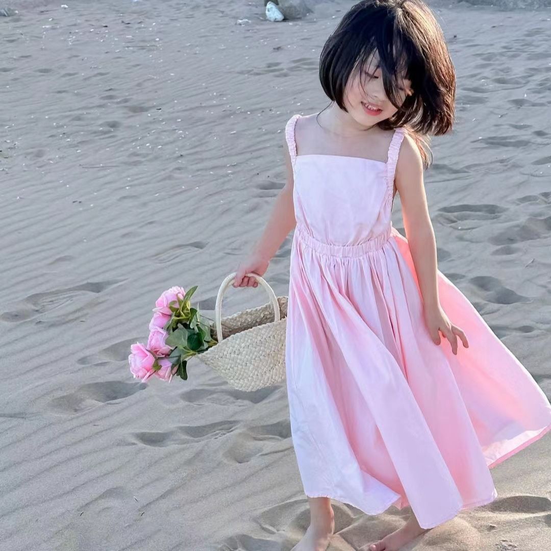 女童裙子鮮粉露背吊帶連衣裙公主裙24夏裝新款外貿童裝代發3-8歲