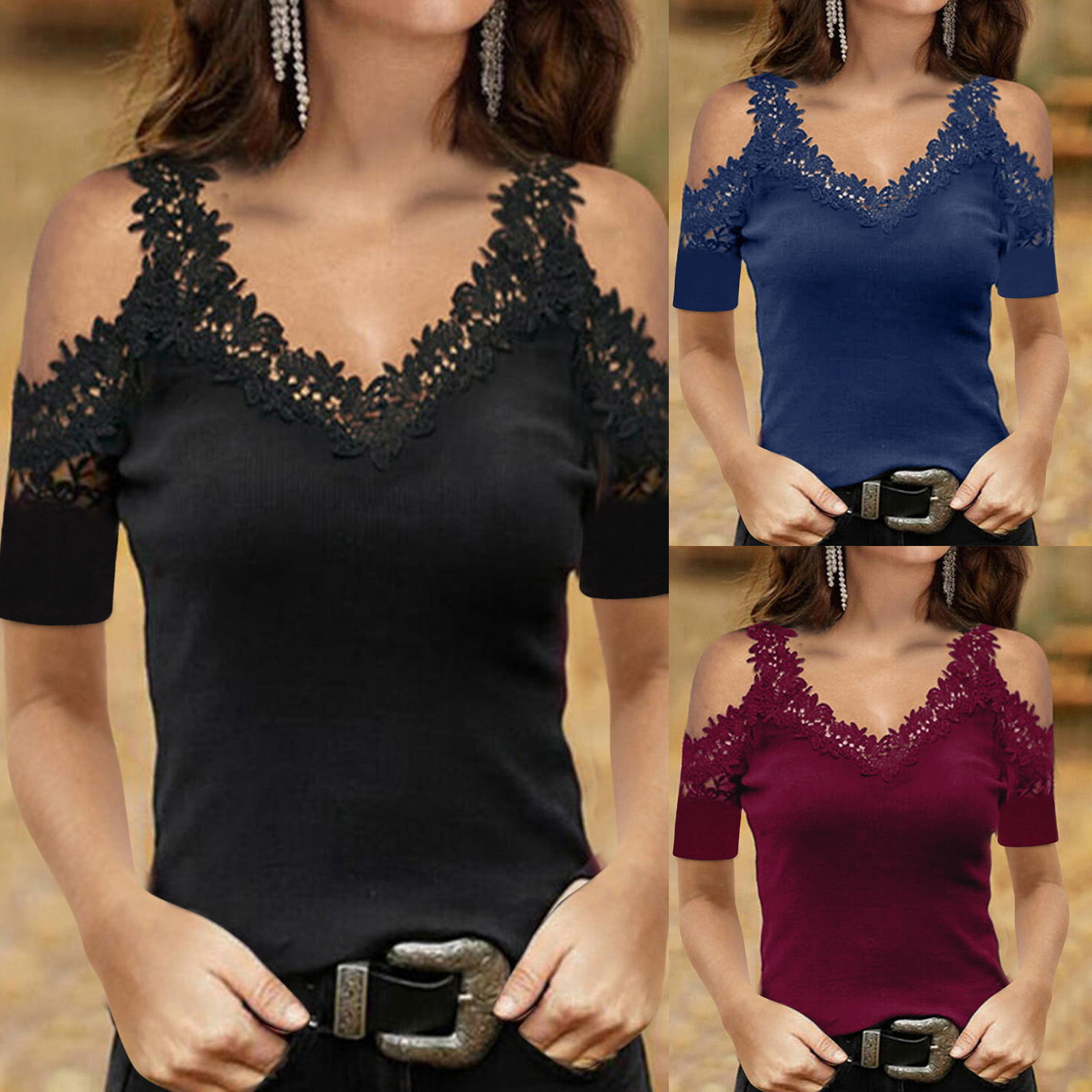 Real shot 2022 foreign trade new women's pullover lace strap V-neck mesh short sleeve bottoming shirt in stock