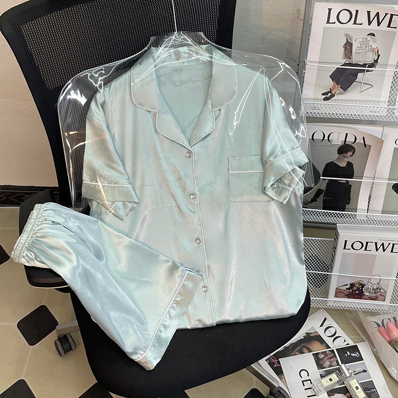 2024 Summer Ice Silk Pajamas Women's Short-sleeved Loose Home Clothes Casual Students Can Wear Silk Two-piece Set