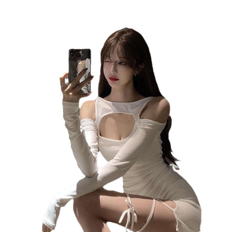 In Stock European and American cross-border autumn and winter women's clothing off-shoulder sheath sexy hollow slim slimming solid color base dress