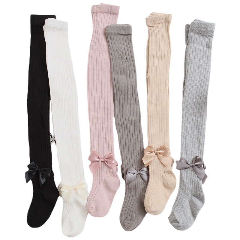 Spring and Autumn new big bow children's pantyhose leggings combed cotton six-color solid color sweet cropped girl