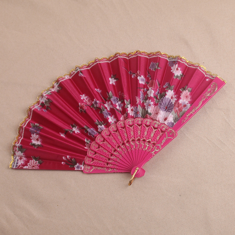 Silk cloth fan plastic fan lace folding fan satin fan floral hot stamping dance fan color factory direct sales