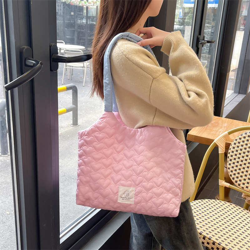 MAY RABBIT love quilted shoulder bag large capacity canvas bag contrast color underarm bag student school bag cloth bag