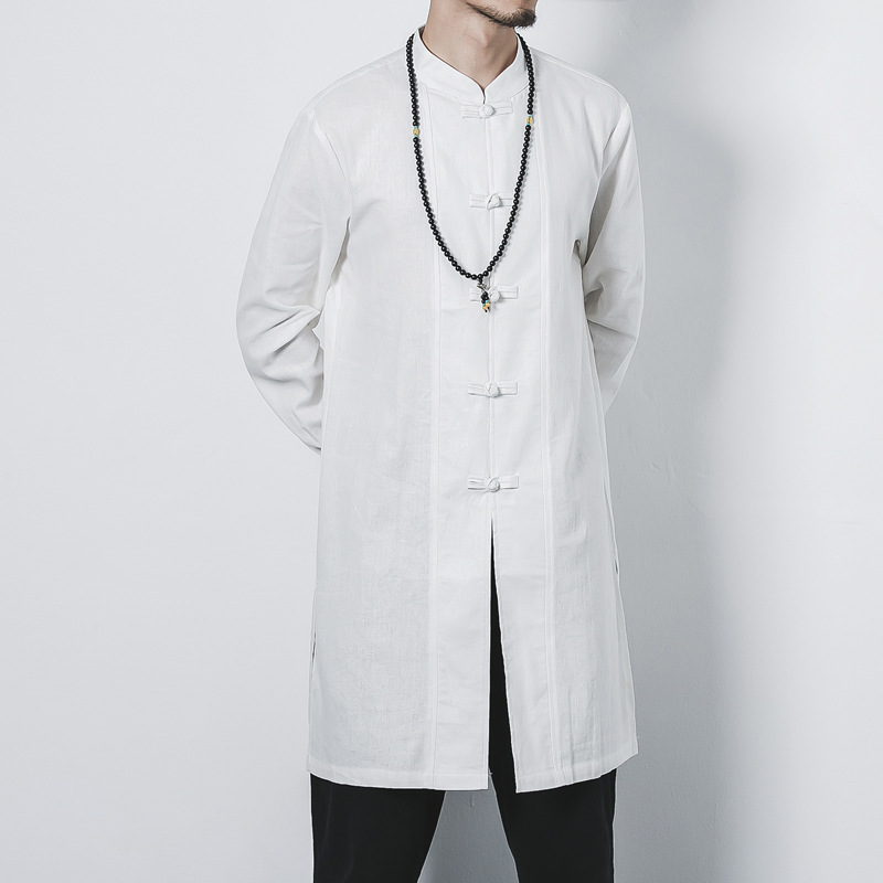 2021 Chinese-style Autumn Mid-length Button-down Shirt Solid Color Collar Linen Tang Suit Retro Zen Suit Fashionable Jushi Suit