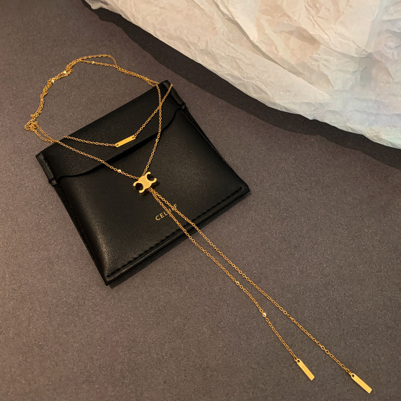 法式新款鈦鋼長款可抽拉金色流蘇項鍊女高級設計感小眾輕奢毛衣鏈