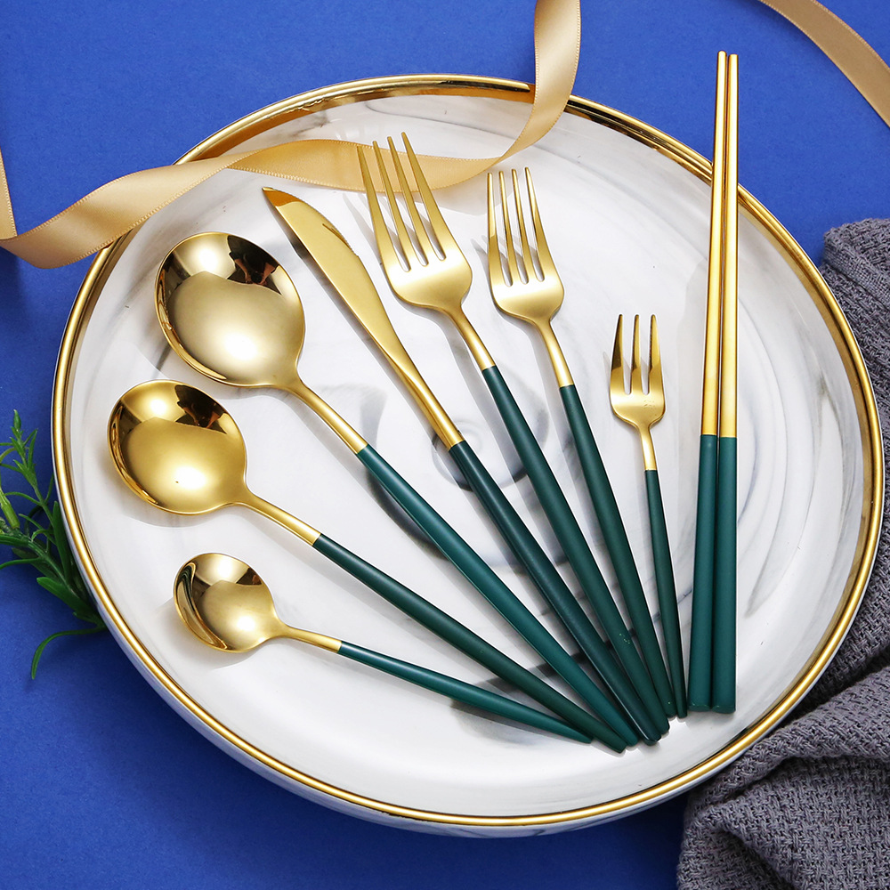 Portugal 304 stainless steel knife, fork and spoon chopsticks Internet celebrity Green Gold Fork chopsticks Western steak knife and fork dessert tableware