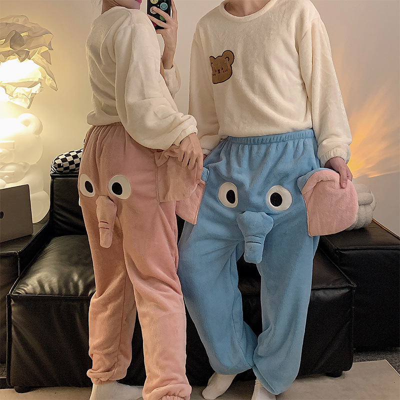 Flannel cute funny elephant trousers for boys and girls loose internet celebrity Dumbo couple casual pajamas winter