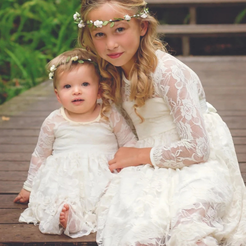 High-end long-sleeved embroidered lace dress girls' princess dress European and American children's dress lace Hollow children's dress