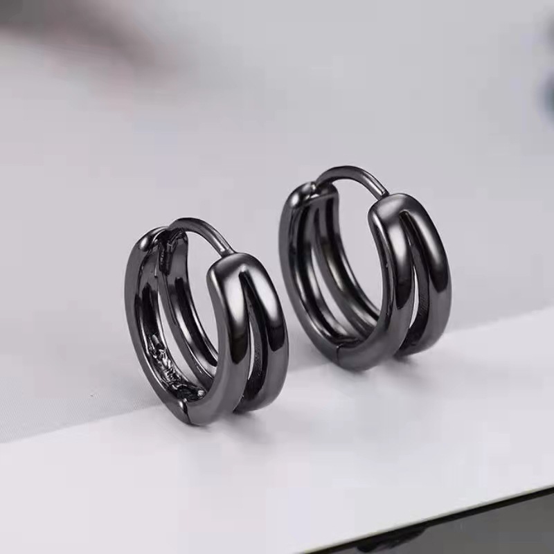 Double-ring Hollow-out Ear Buckle Men's Fashionable Simple Internet-famous Single Earrings for Boys Geometric Double-ring Ear Ring Distressed Ear Jewelry