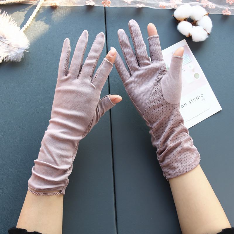 Sunscreen Gloves Women's Mid-Length Summer Thin Driving Ride Tea Picking Nail Art Non-Slip Cotton Breathable Open Fingers Spring and Autumn Half Finge_voghion.com