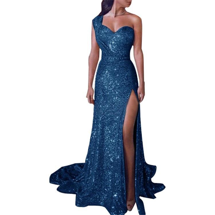 Summer Neck dress Long Banquet Elegant Sexy High-end One-shoulder Bronzing Long Evening Dress