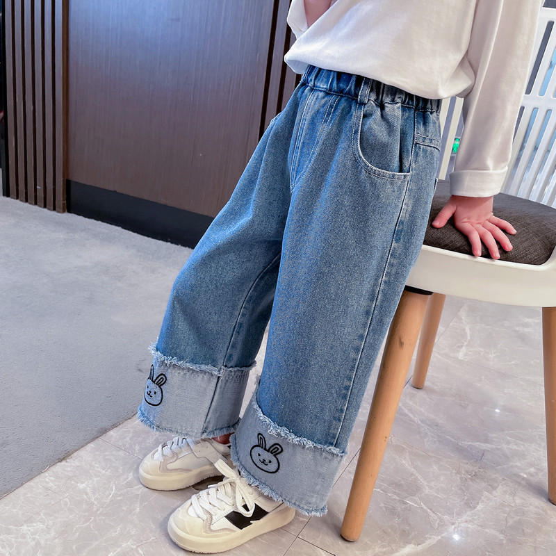 2024 New Spring Girls' Pants Stylisch Outfit Girls' Baby Fried Street Spring and Autumn Children's Jeans Wide Leg Pants