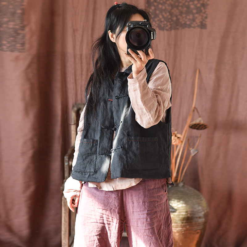 Simo/vêtements pour femmes en coton et lin faits maison gilet en coton à boucle en lin lavé au sable de haute qualité gilet en coton à enroulement rétro_voghion.com