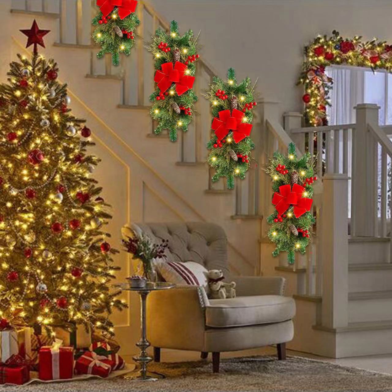 Christmas Wreath Hanging led Stairs Red Rattan Bow Wreath Pine Cone Decoration_voghion.com