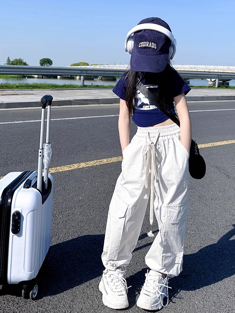 2023新款甜酷女童寬鬆直筒百搭工裝褲潮酷街舞爵士中大童休閒長褲