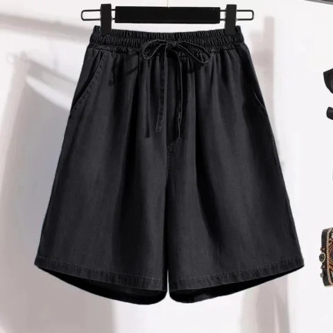 Denim Shorts Women's Summer New Thin Ice Silk Casual Five-point Loose Wide-leg High Waist A- line Hot Pants Large Size Trendy