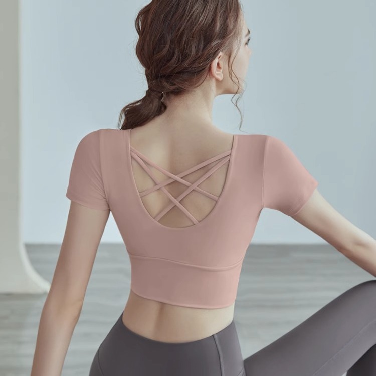 Fitness Short-sleeved Yoga Suit Top High-end Sports Underwear Women's Shockproof Short-sleeved Quick-drying Tight Clothes with Chest Pad for Women