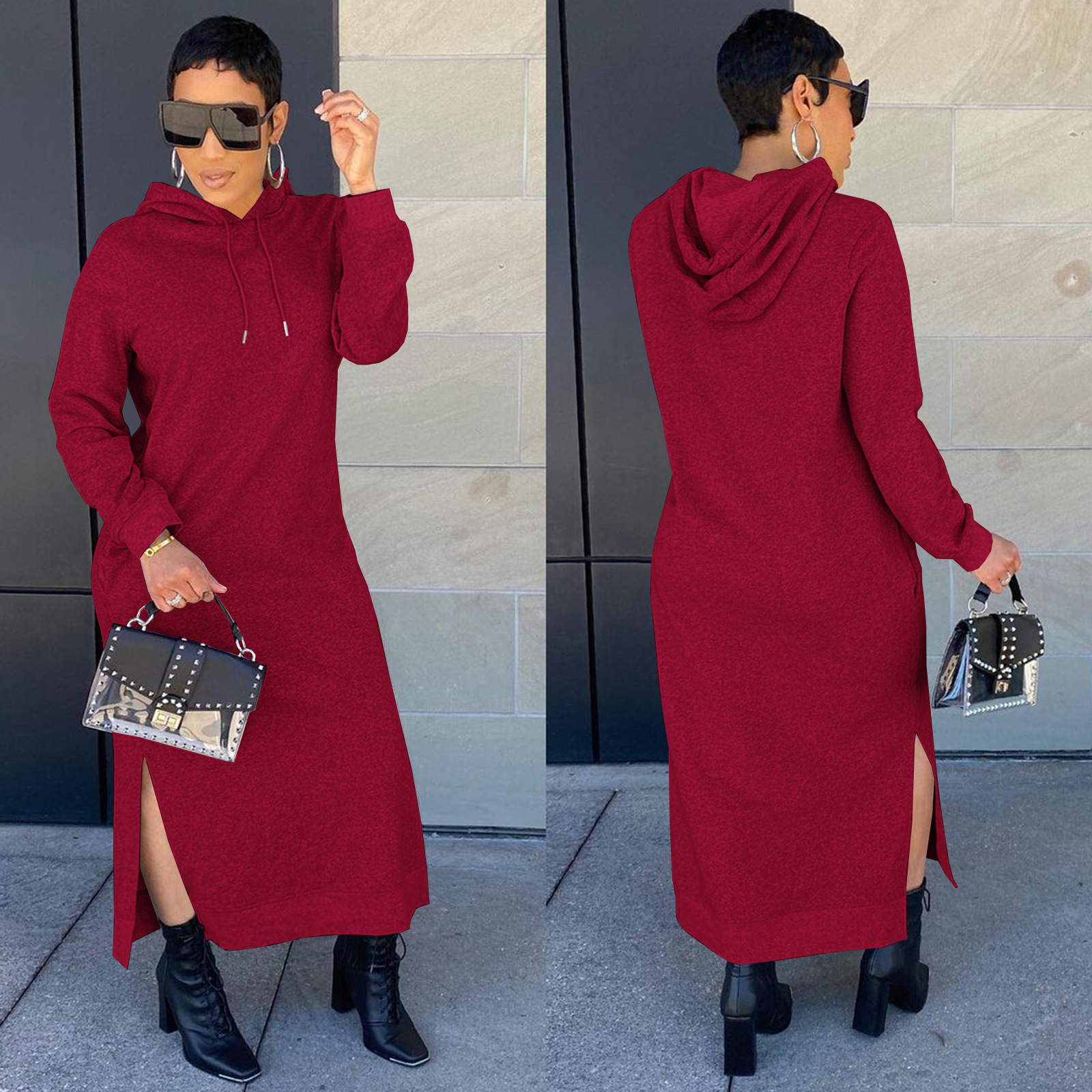 10064 European and American Women's Fashion Casual Solid Color Hooded Sweater Solid Color Dress