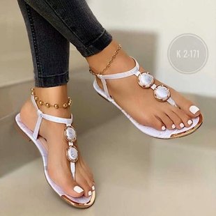 Pearl Sandals Women's 2021 Summer Diamond Flat Shoes Flat Heel Fairy Style Soft Sole Fashion Women's Shoes Trendy