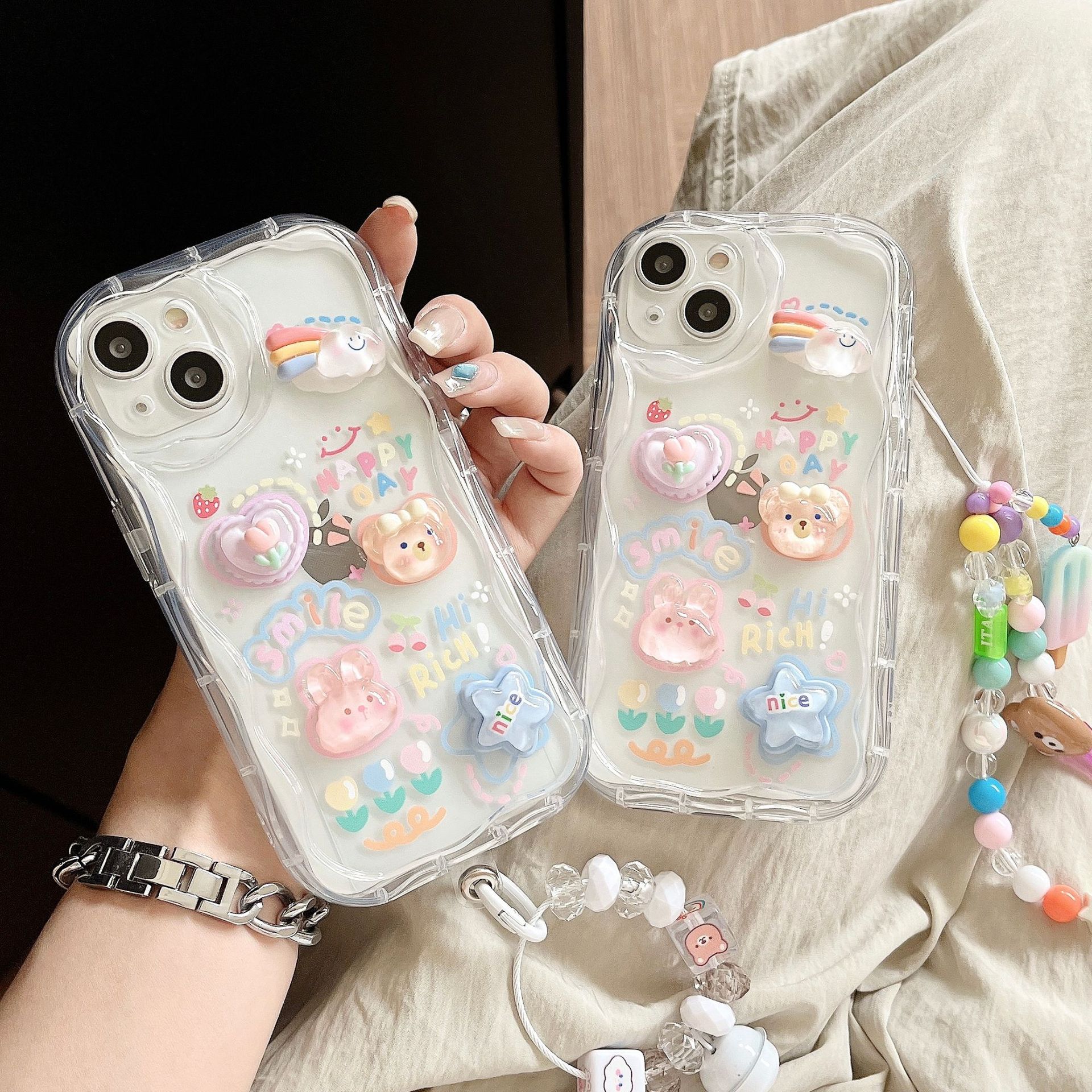 立體波浪適用iPhone15少女保護套可愛兔子蘋果8P/X軟殼冰淇淋手鍊