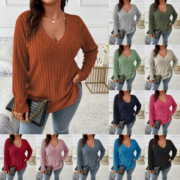 2023 Amazon autumn and winter new solid color plus size women's top V-neck long sleeve pit brushed T-shirt loose pullover