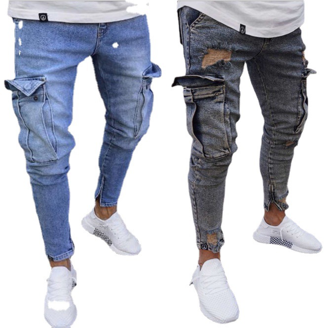 2023 European and American foreign trade new jeans knee big pocket small feet zipper jeans men's AliExpress