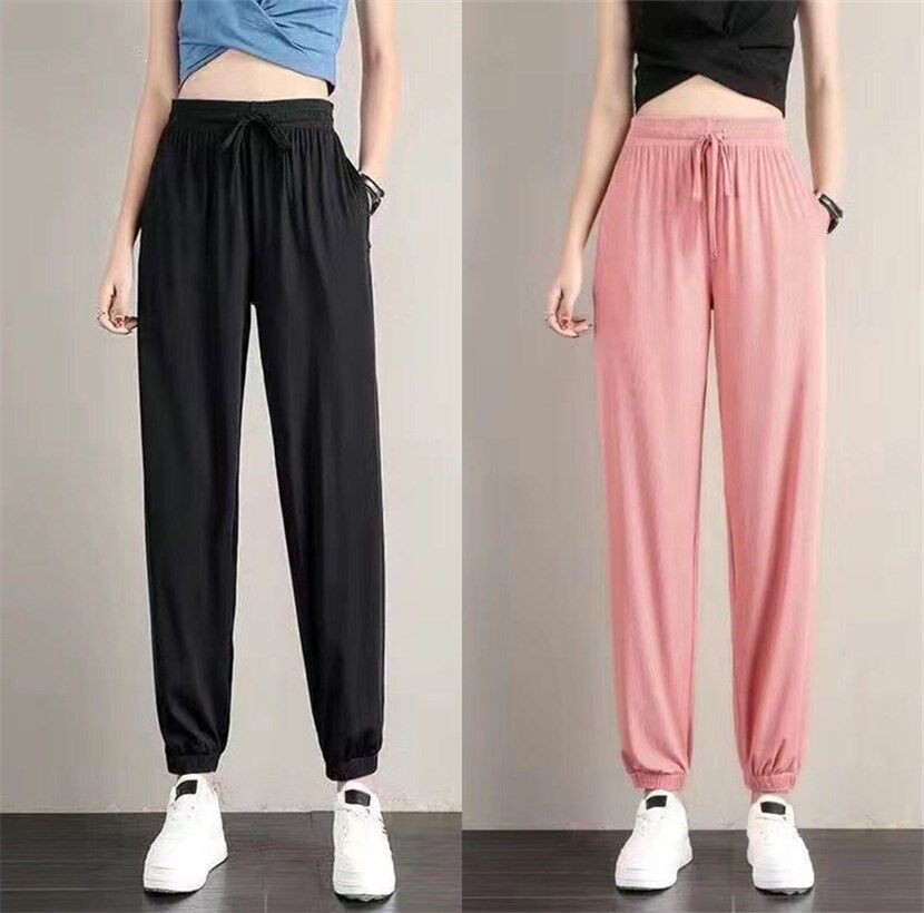 Ice Silk Sports Pants for Female Students Korean-style Loose Large Size Slimming Summer Thin Casual Sweatpants Draping Ankle-length Pants for Women