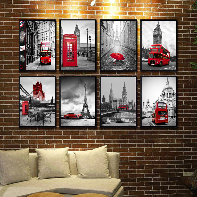 Retro British street bus tower building landscape living room sofa Wall decorative painting core home art poster