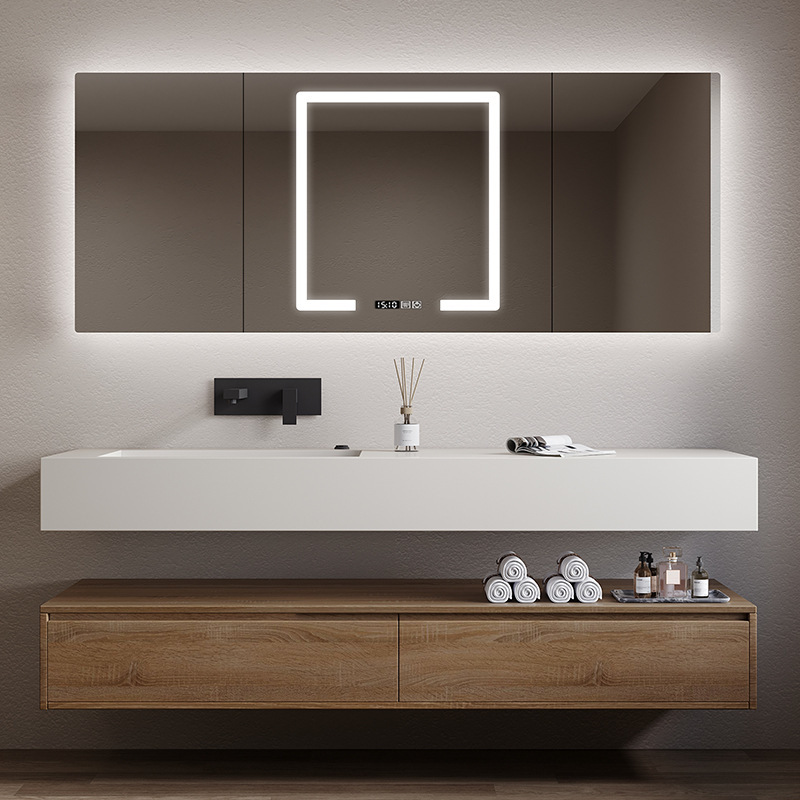 Integrated stone slab bathroom cabinet set modern bathroom solid wood washbasin sink hotel face wash hand basin cabinet wholesale