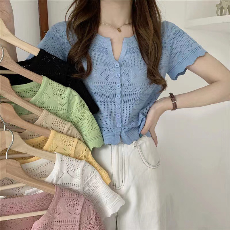 Summer New Arrival Hollow-Out Knitwear Short Short-Sleeved Sweet Cute V-Neck Small Cardigan Slim-Fit Slimming Top Women's Trendy