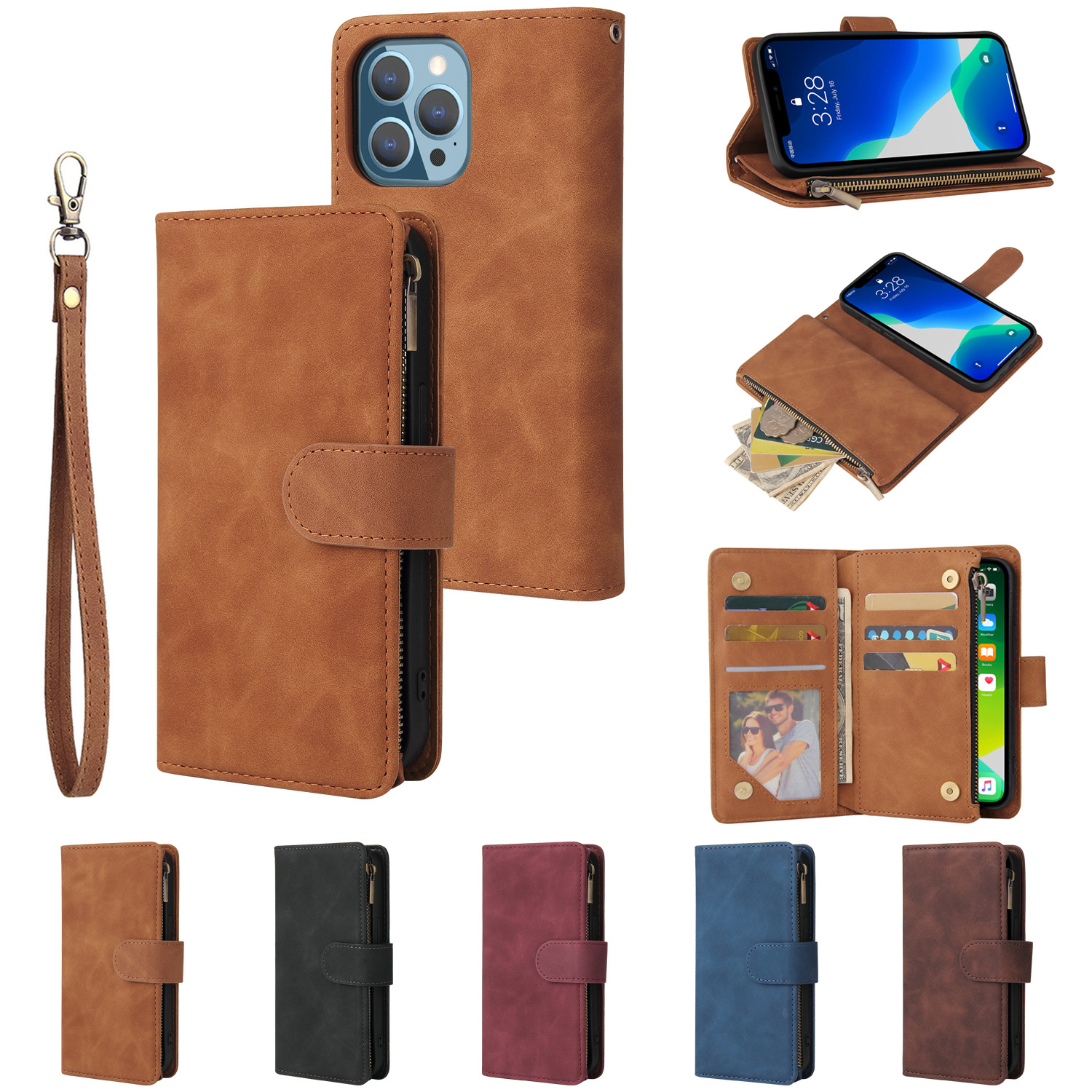 Suitable for Apple 16E Multi Card Zipper iPhone16pro Max Card Phone Leather Case