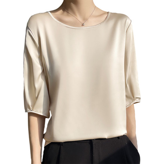 Breathable Silk Silk 2024 Spring and Summer New Women's Crewneck Loose Solid Color Acetic Satin All-match T-shirt Top