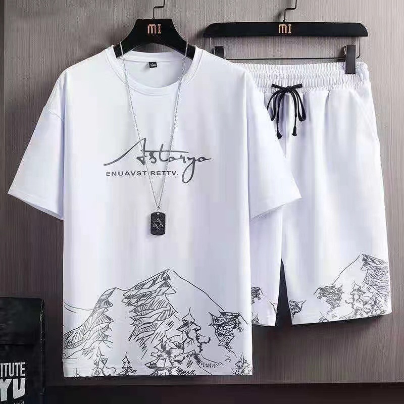 Summer new casual fashion suit men and teenagers snow mountain trend loose short sleeve shorts two pieces sports suit