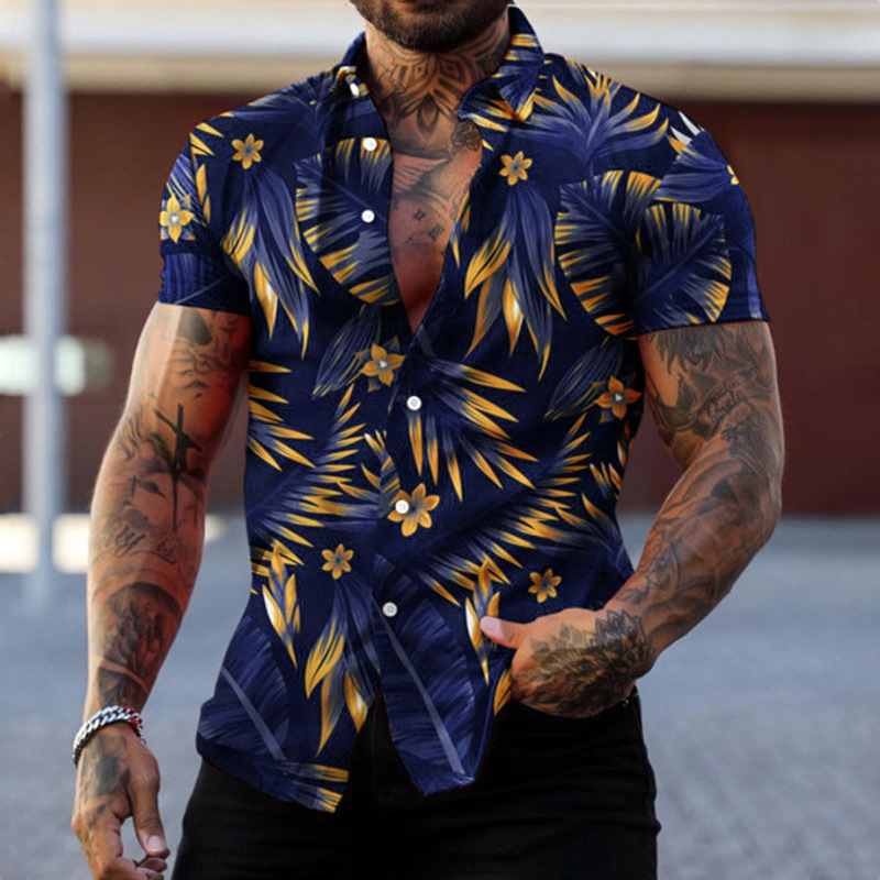 2023 Cross Border New Men's Casual Shirt Amazon Street Trendy Shirt Hawaii Beach Short Sleeve Shirt