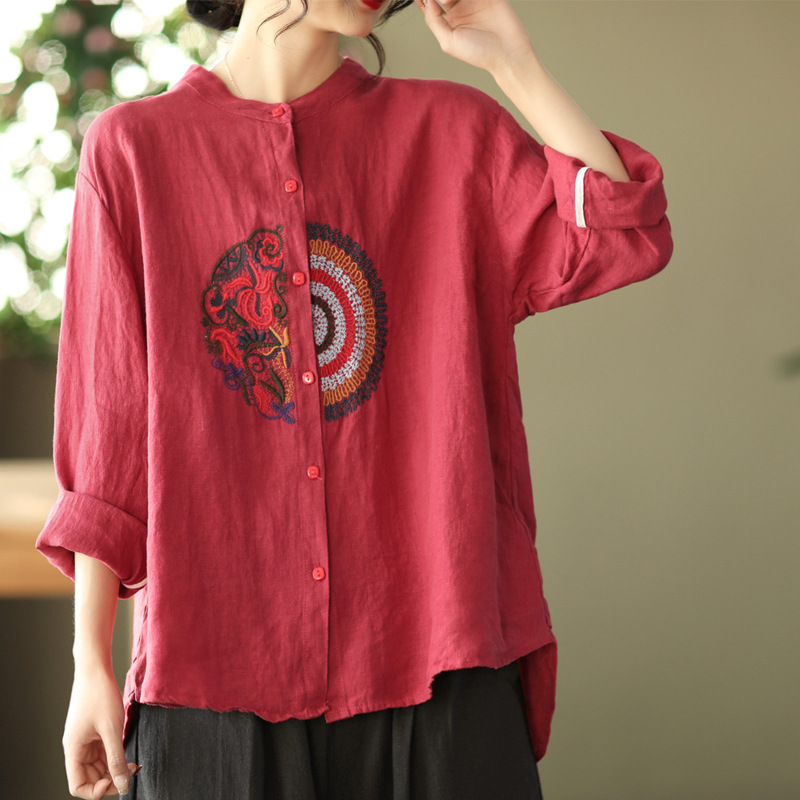 Casual Large Size Artistic Cotton and Linen Long-sleeved Shirt Women's 2023 Spring and Autumn New Loose Slim Embroidered Top Base