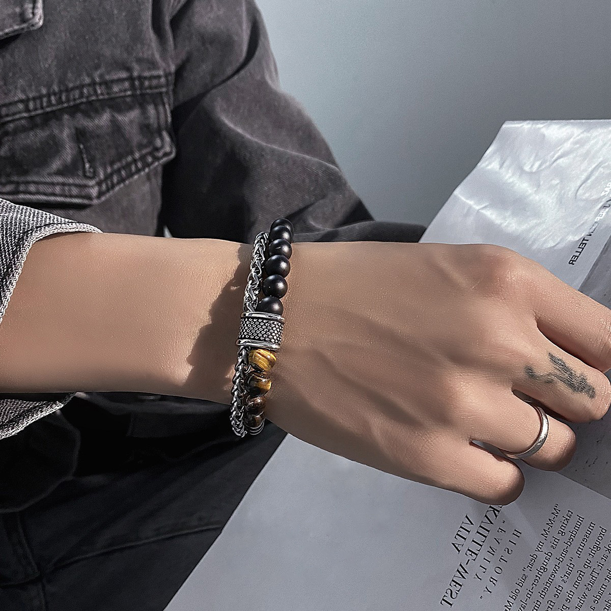 New European and American frosted map Stone Bracelet Men's double-layer beaded otbuckle transfer beads titanium steel all-match bracelet jewelry fashion
