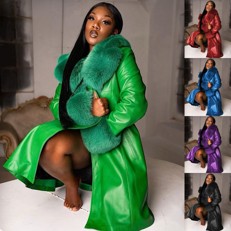 2022 autumn and winter wish European and American solid color lapel long fur collar temperament commuter zipper coat PU leather W140