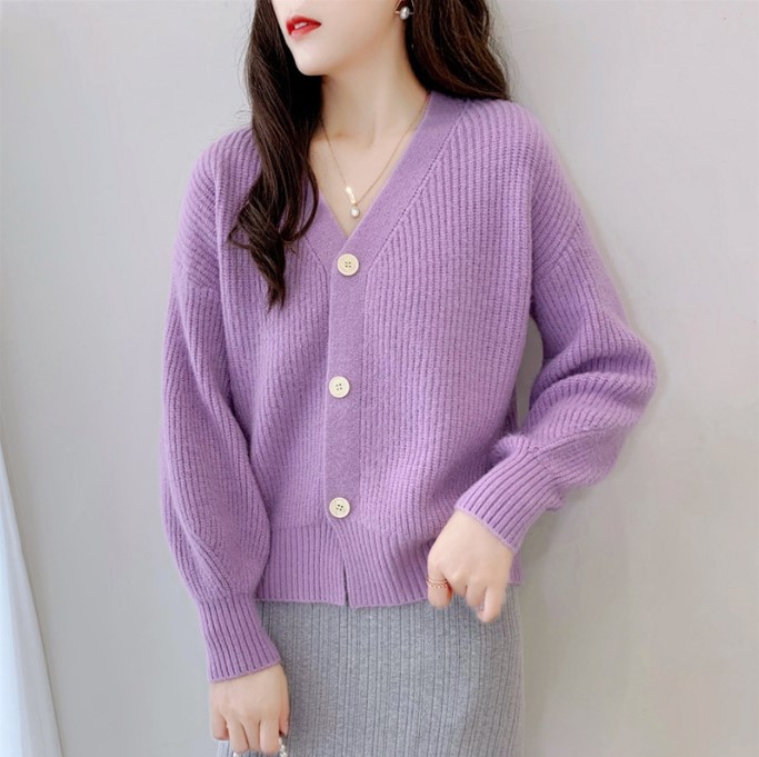 Spring and Autumn Sweater French V-neck Candy-colored Top Long-sleeved Women's Cardigan Outer Loose Knitted Sweater Jacket Women's Fashion
