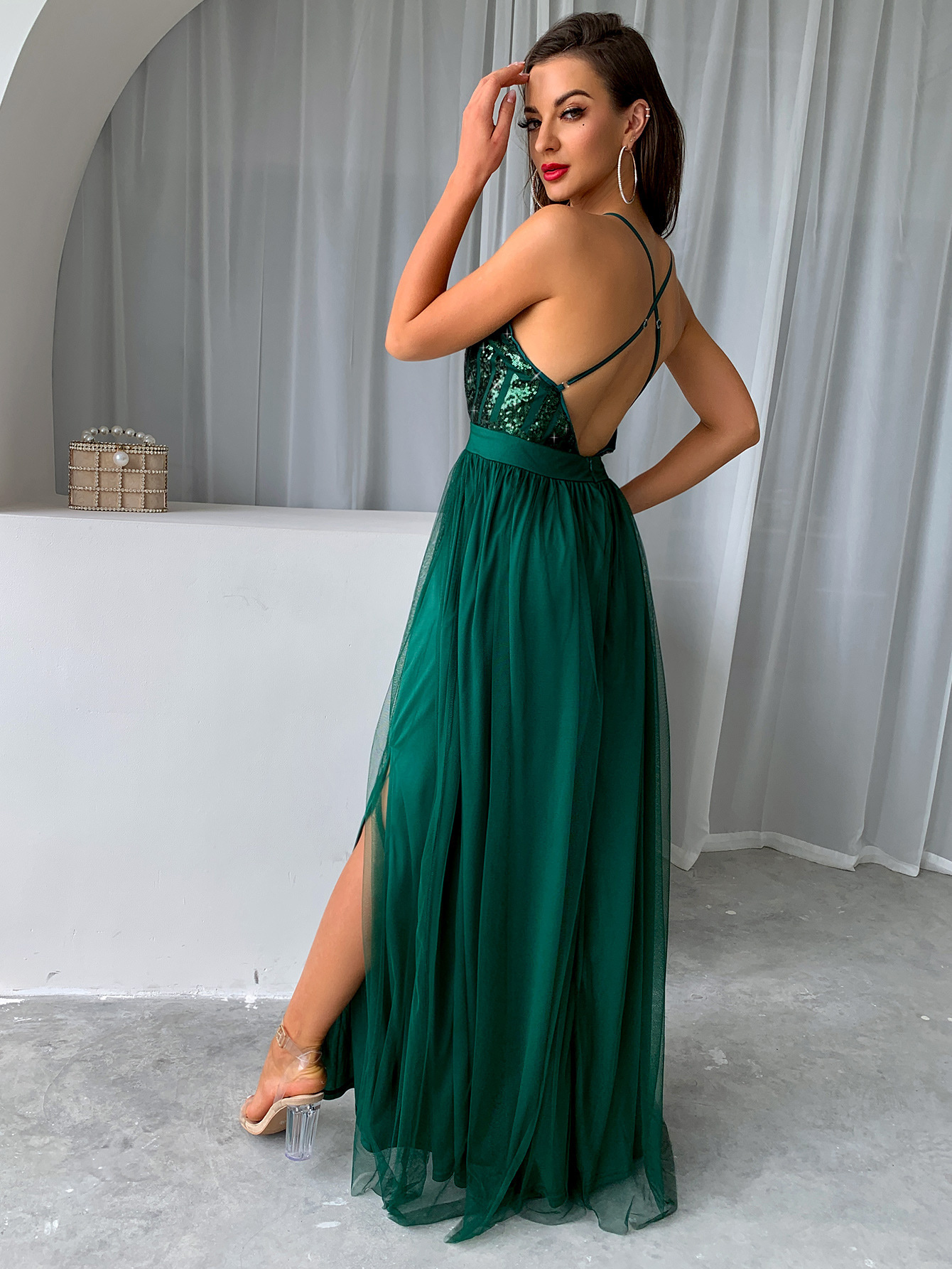 European and American women's clothing 2022 summer new sexy sling mesh sequin stitching slit large swing dress evening dress
