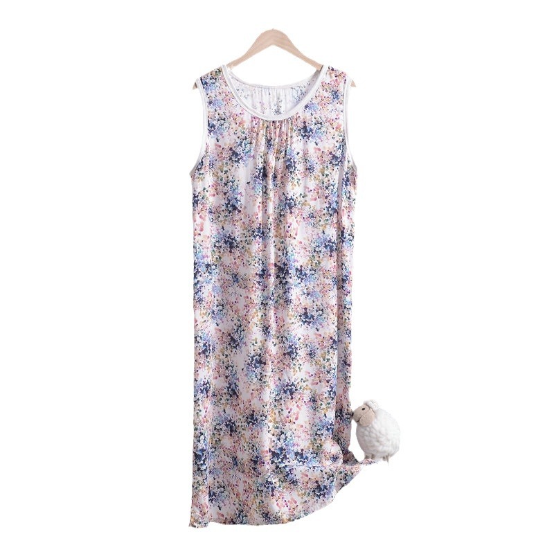Silk Nightdress Women's Summer Loose plus size Sleeveless Vest Skirt Artificial Cotton Home Clothes Mother's Cotton Silk Nightdress
