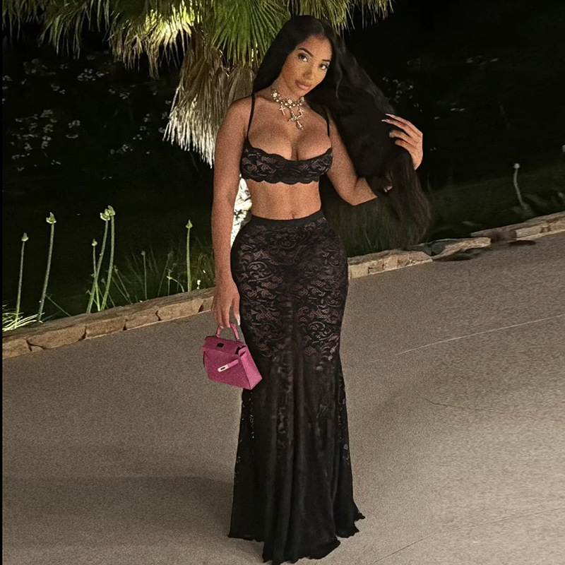 2024 Summer New Style Sexy Hollow Strap Top Solid Color High Waist Skirt Lace suit