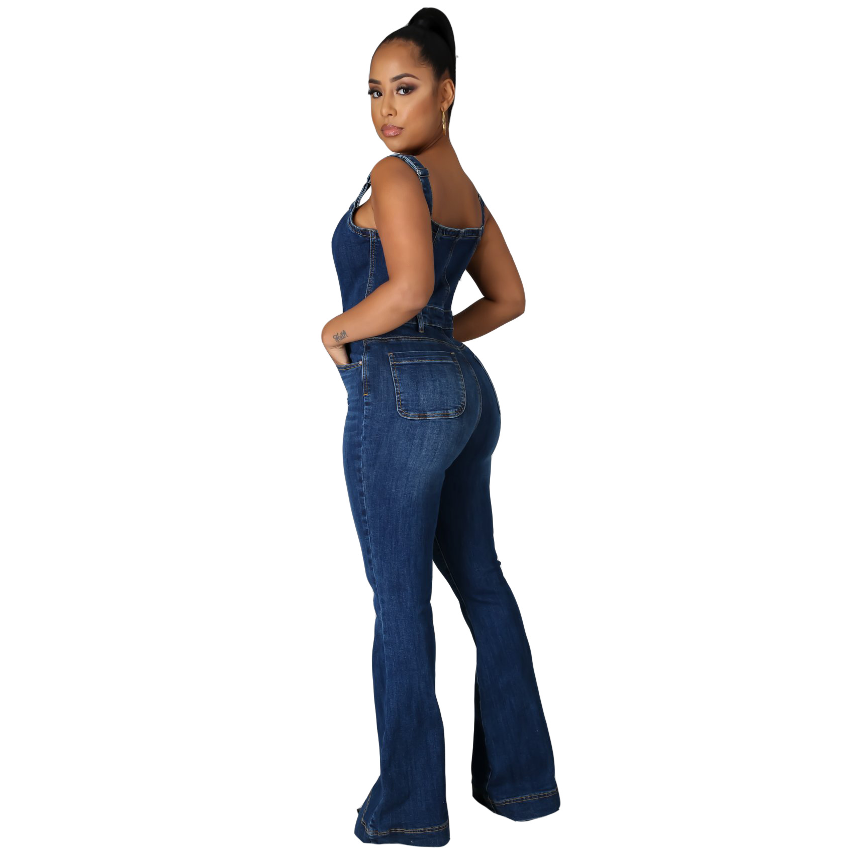 6048 Amazon AliExpress European and American platform women's fashion casual sexy strap Denim jumpsuit wide leg pants