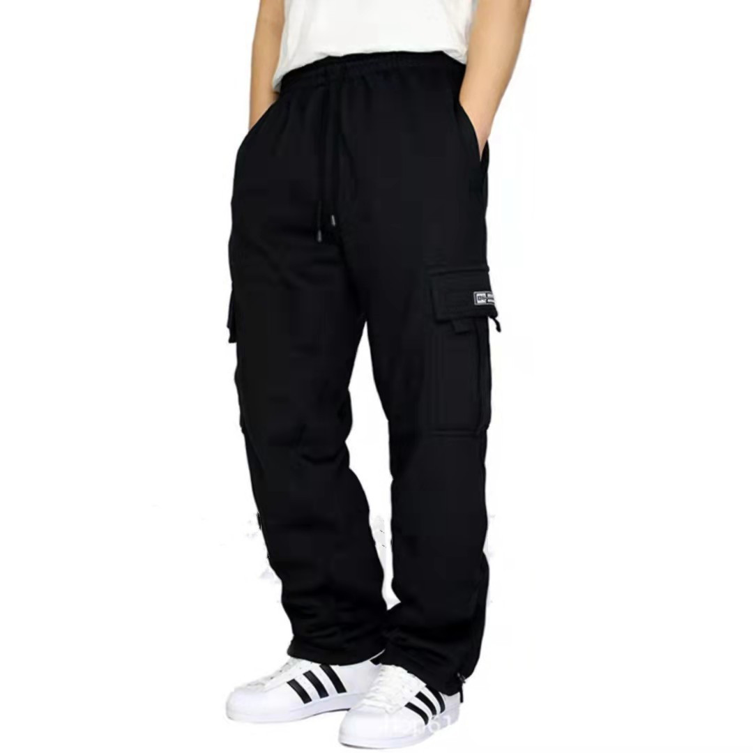2023 cross-border new sports casual trousers fleece-lined ankle-tied multi-pocket lace men's loose overalls trousers